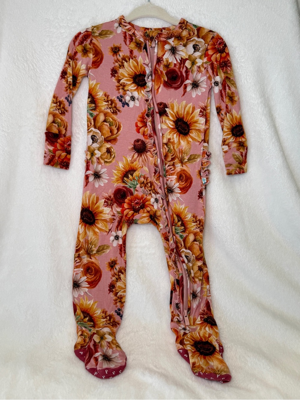 Posh Peanut Fall Floral Sunflower Ruffle Footie 12-18M Bamboo
